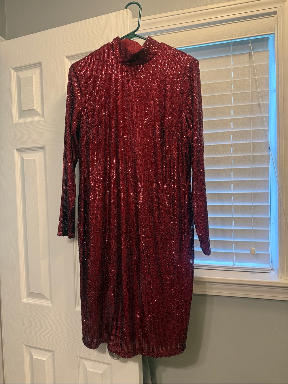 The Limited Sparkling Red Sequin Long Sleeve High Neck Dress